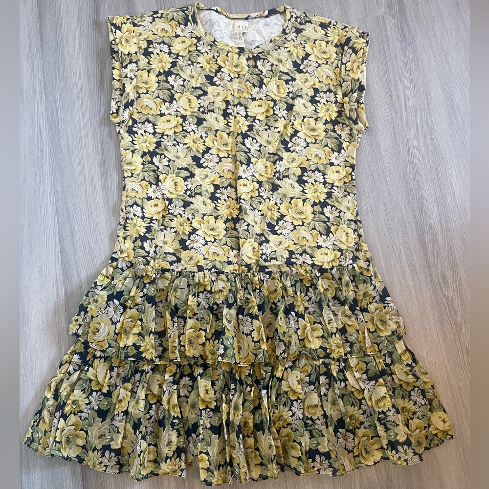 Floral Yellow and Black Ruffled Rebecca Taylor Dress